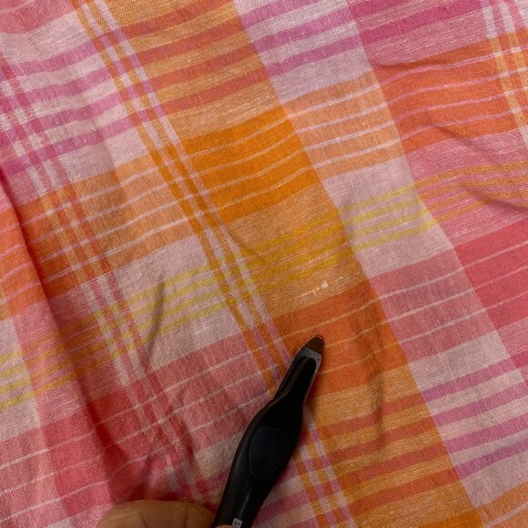 Time & Tru Women's Linen Blend Shirt L Plaid Button-Up Pink Orange Short Sleeve - Picture 12 of 14